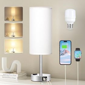 White Touch Bedroom Table Lamp - 3 Way Dimmable Bedside Lamp USB C A Charging Ports and AC Outlet