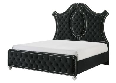 1pc King Panel Bed Tufted Headboard Luxurious Upholstery and Intricate Nailhead Trim Diamond-patterned Tufted Accent Modern Luxury Black