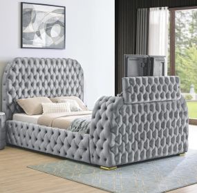1pc Luxurious Comfort Innovative Design Queen Bed Deeply Tufted Headboard Upholstered Gray Velvet Television Lift Built-in Electric Fireplace Bed