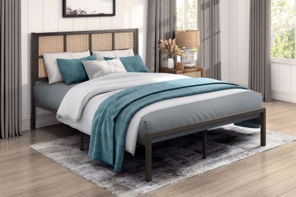 1pc Queen Platform Bed, Metal Frame Dark Bronze Finish Faux Cane Panel Headboard Casual Coastal Bedroom Furniture, Bed in a Box
