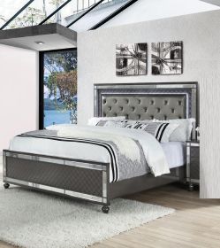 Modern Glam Style Upholstered Headboard Button Tufting Glass Inlay 1pc Queen Size Panel LED Lights Bed Gray Faux Leather Finish Solid Wood Wooden