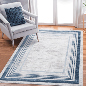LOOM & LUXE Collection 5X7 Blue/Ivory/Bordered Non-Shedding Living Room Bedroom Dining Home Office Stylish and Stain Resistant Area Rug