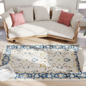 Machine Washable Area Rug 4x6, Non-Slip Boho Floral Print Floor Carpet for Living Room, Bedroom, Dining Room, Blue