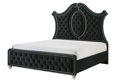 1pc King Panel Bed Tufted Headboard Luxurious Upholstery and Intricate Nailhead Trim Diamond-patterned Tufted Accent Modern Luxury Black