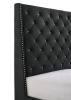 1pc Contemporary Style Queen Panel Upholstered Bed Button Tufted Demi-wings Nailhead Trim Black Finish Bedroom Furniture