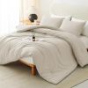 CozyLux Oatmeal King Size Comforter Set, 3 Pieces Solid Breathable Quilted Style Bedding Sets