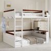 Queen Size Wooden Bunk Bed with Built-in Shelves,Storage Box,LED Light and USB Charging Station,White(ETA:6/30)