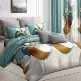 9-Piece Modern Floral Vase Bedding & Curtain Set (Queen/King/Cal King) - Quilted Microfiber Bedspread + Sheer Curtains (Color: Green Dot, size: Queen)