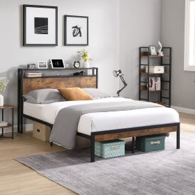 King Size Metal Platform Bed Frame with Wooden Headboard and Footboard with USB LINER, No Box Spring Needed, Large Under Bed Storage, Easy Assemb (size: King)